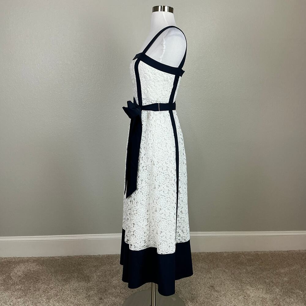Badgley Mischka Lace Fit and Flare Midi Cocktail Dress Blue and White Size 0 - Picture 6 of 12